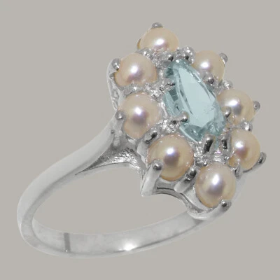 Anillo con racimo de oro blanco macizo de 18k aguamarina natural y perlas para mujer Foto 1 de 4