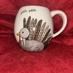 RAE DUNN Made by Magenta GOBBLE GOBBLE Turkey Coffee Mug Brown Orange Thksgiving - Picture 1 of 4