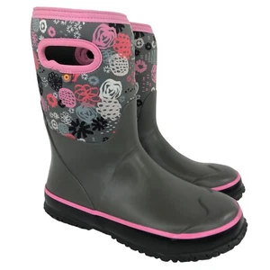 BOGS Grasp Garden Party Waterproof Rain Boots Big Girls Size 4 Gray w/ Floral - Picture 1 of 10