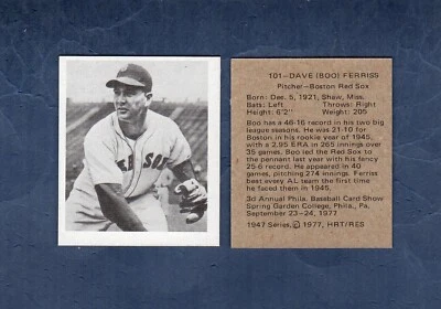 #101 DAVE "BOO" FERISS,波士顿红袜队 ~ 1947 年 Bowman HRT/RES | EPSCC 前促销 — 第 1/2 张图片
