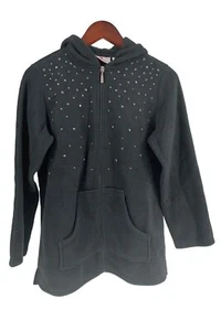 Quacker Factory Embellished Fleece Zip Front Jacket Black - Picture 1 of 2