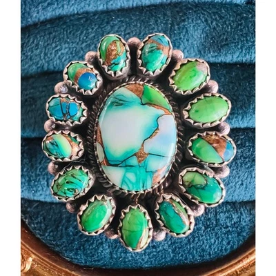 Anillo Grande Pavo Real Dalia Turquesa Racimo Ajustable Talla 8 Marcado 925 Foto 1 de 4