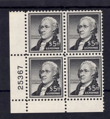 US Scott # 1053, COMO NUEVO/VF Bloque de placas de cuatro $5 Alexander Hamilton! SCV $210 Foto 1 de 2