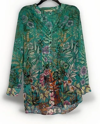 Blusa Top Suave Alrededores Verde Luau Jardín Floral Gasa Pintuck Talla M Foto 1 de 4
