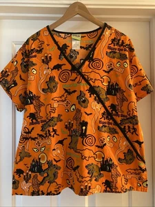 Scooby Doo Where Are You Halloween Scrub Top Orange Ghosts Cartoon Women's XL - Picture 1 of 10