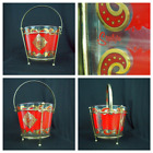 vtg MCM STARLYTE Red Gold Glass Ice Bucket Metal Stand Carrier Mod Atomic Retro