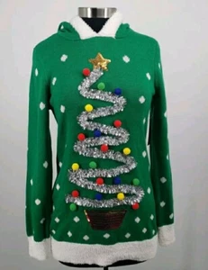 Ugly Christmas Sweater Damen Medium 7/9 grün Kapuze Urlaub Weihnachtsbaum - Bild 1 von 8