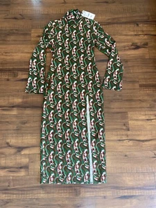 Zara Green Floral Paisley Print Long Sleeve Mock Neck Side Slit Midi Dress XS - Picture 1 of 6