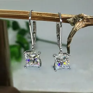 Princess Lab-Created Diamond Women's Drop Dangle Earring 14K White Gold Plated - Picture 1 of 11
