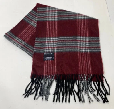 Vintage Christian Dior Monsieur Maroon Gray Plaid Cashmaire Acrylic Scarf 52" - Image 1 of 4