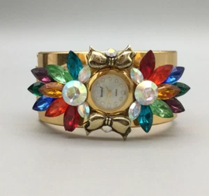 Vtg Bonetto Watch Women Rhinestones Gold Tone Bows MOP Dial New Battery 6.75" - Picture 1 of 15