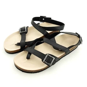 Women's (Size 9) Cross Toe Double Buckle Strap Leather Flat Mayari Sandals Black - Picture 1 of 4