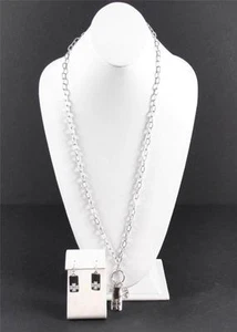 Silver Tone Matching Necklace Earring Rectangle 3 Charms Artisan Lobster Clasp - Picture 1 of 1