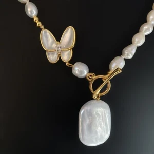 Collar de broche de 18 kg con colgante de perlas barrocas + perlas Akoya blancas naturales 18"k02 - Imagen 1 de 3