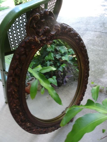 Vintage Ornate Oval Framed Mirror-Elaborate-Wire Hanger-Heavy Cover
