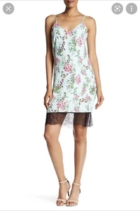 Adelyn Rae Women Blue Dress Satin Slip Shift V Neck Lace Back Floral Print Sz M - Picture 1 of 7