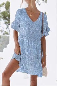 Nclook blue Leopard Sundress short sleeve V-Neck with pockets size Larg - Picture 1 of 2