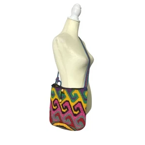 Women's Boho Artisanal Colorful Crochet/Knit Crossbody Bag W/ Drawstring Closure - Picture 1 of 15
