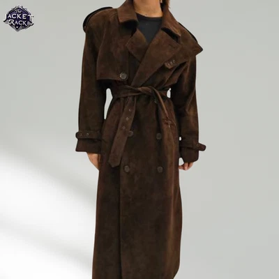 Women’s Brown Double Breasted Suede Leather Coat | Handmade Belted Long Overcoat - Image 1 of 4