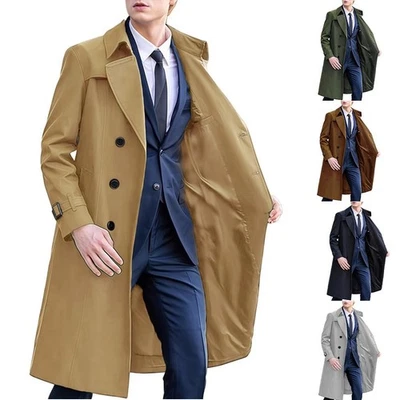 Mens Long Trench Coat Double Breasted Lapel Long Sleeve Solid Windbreaker Coat - Image 1 of 4