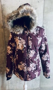 Guess Womens Flower Puffer Jacket With Faux Fur Hood Size Medium - Picture 1 of 8