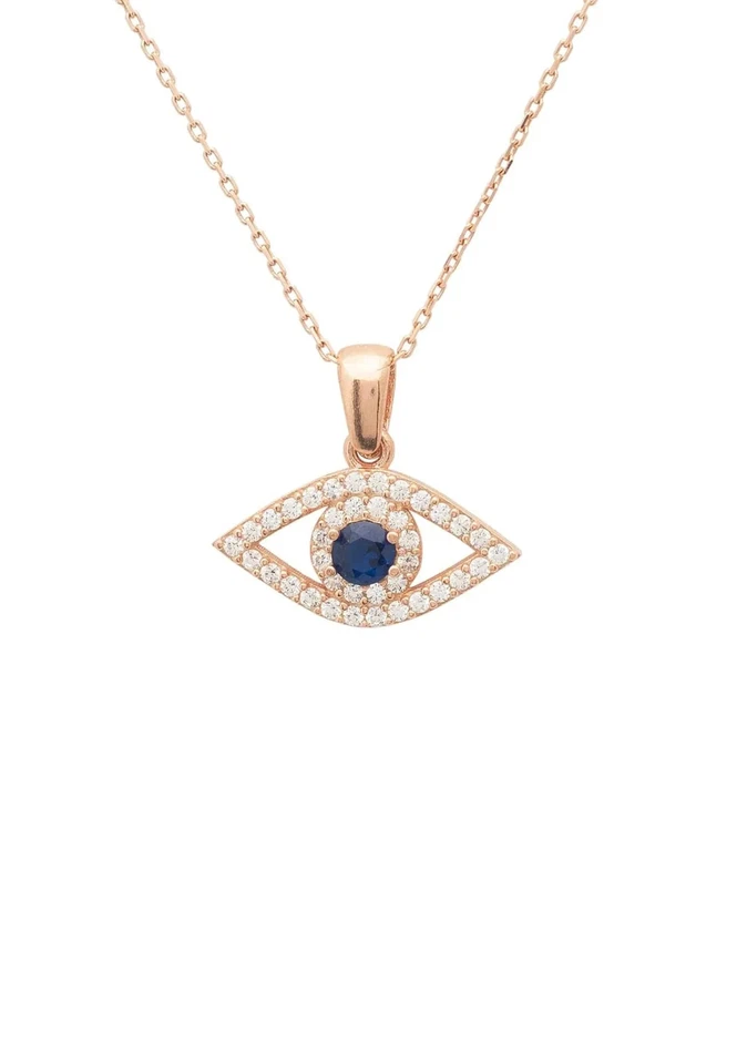 Collana Pendente Ovale In Blue Cz Con Occhio Maligno Placcato In Rosegold Regalo - Immagine 1 di 4