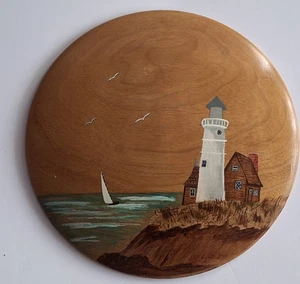 Myrtlewood Of Oregon Round Wall Art Plaque Lighthouse Hand painted 8" - Picture 1 of 6