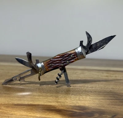 Vintage Mitsubishi 8 Multi-tool Camping Knife Set With Stag Handle Japan - Image 1 of 4