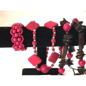 Vintage Wooden Necklaces Bracelet Hot Pink Magenta 12 Inches and 18 inches - Picture 1 of 7