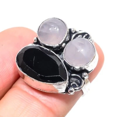 Black Spinel, Rose Quartz Gemstone 925 Sterling Silver Jewelry Ring Size 6.5" d9 - Image 1 of 4