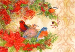 Merry Christmas Birds Bluebird Chickadee Sherri Buck Baldwin Leanin' Tree Card - Picture 1 of 4