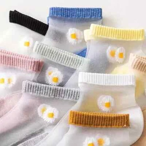 8 Pairs Fancy Mesh Socks Daisy 2 Green 2 White 2 Pink 2 Yellow Crew Low Cut F-3 - Picture 1 of 8