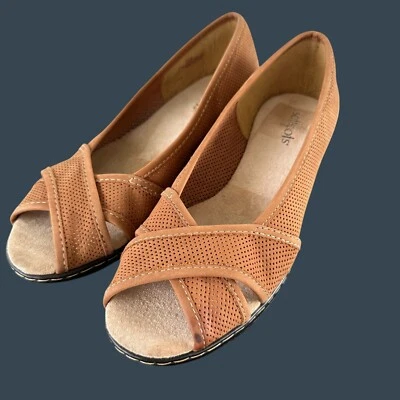 Softspots Leather Peep Toe Wedges Tan 7.5M Comfort Slip On Shoes Boho Retro Core - Image 1 of 4
