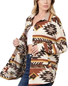 Damen Azteken Southwestern Button Down Shacket Jacke Langarm Waffelstrick S - Bild 1 von 11