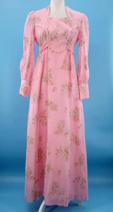 Vtg Women's 70s Pink Flocked Floral / Rose Print Maxi Prairie Dress Sz M 1970s - Picture 1 of 11
