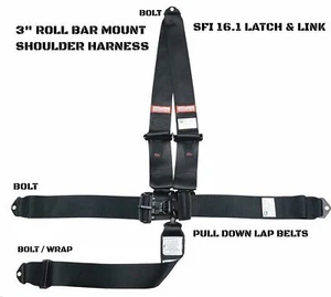 USAC ALL BLACK LATCH & LINK RACING HARNESS 5 POINT SFI 16.1 ROLL BAR MOUNT - Picture 1 of 8