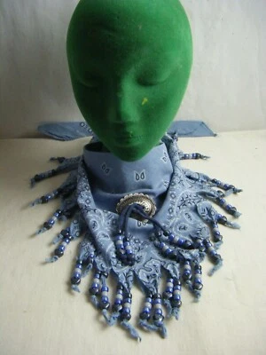 Vintage Southwestern Bandana Oval Concho Grey Heart Beaded Scarf-33" long (C) - Image 1 of 4