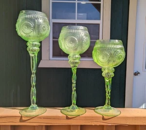 Italian GREEN Depression Glass Vases Empoli Italy Adeline Twisted Stem *SET OF 3 - Picture 1 of 13