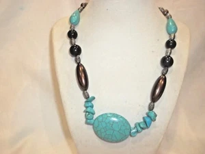 NEW NATURAL TURQUOISE 19" NECKLACE & BLACK & BROWN BEADS - SILVER PLATED....NICE - Picture 1 of 2