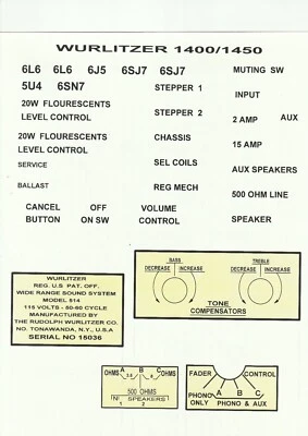  JUKEBOX WURLITZER JUKEBOX 1250 1400 1450 1500 1550 1600 1650 AMPLIFIER DECALS  - Image 1 of 3