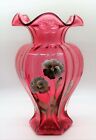 FENTON HAND PAINTED FLOWERS 9" VASE CRANBERRY ART GLASS SIGNED BY JO REYNOLDS 