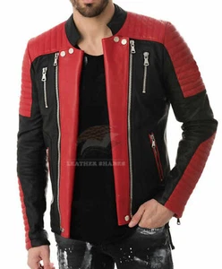Herren Brando Classic Biker Schwarz & Rot Vintage Motorrad Echt Leder Jacke - Bild 1 von 4