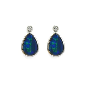 14k White Gold Black Opal Earrings - Picture 1 of 2
