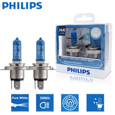 Philips H4 Diamond Vision Halogen Headlight 12V 60/55W 5000K Super White Light - Image 1 of 4
