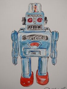 Original watercolour painting of a vintage toy robot on ivory white smooth paper