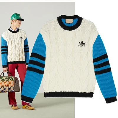 GUCCI ADIDAS X SUÉTER PUNTO MIXTO CABLE TEJIDO LANA con RAYAS TRÉBOL $2150 talla L Foto 1 de 4
