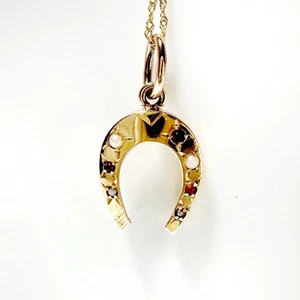Vintage 18k Gold horseshoe necklace fine pearl and 18k gold ruby - Picture 1 of 9