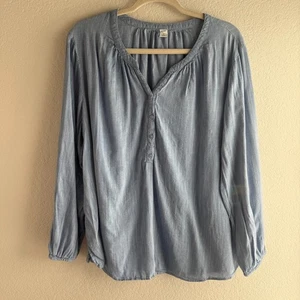 Top Henley Cambray Azul Marino Antiguo XL Azul Claro Manga Larga Campesino Cabaña Relajado - Imagen 1 de 4