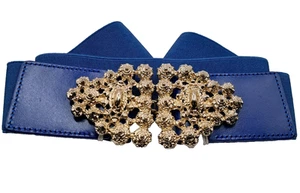 Vintage 80s J McLaughlin Gold Design Stretch Belt Blue Elastic Leather Sz L XL - Picture 1 of 8