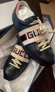 Gucci Ace Black Leather with Beige Elastic Logo band Sneakers Sz. 41.5 - Picture 1 of 9